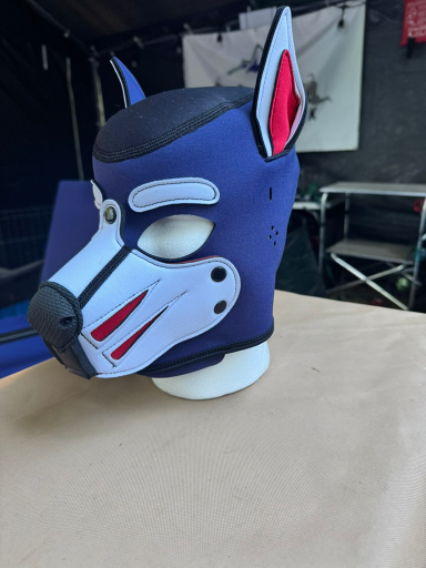 Mr. S Leather custom pup hood (blue and white) — 2026 Pup Games prize