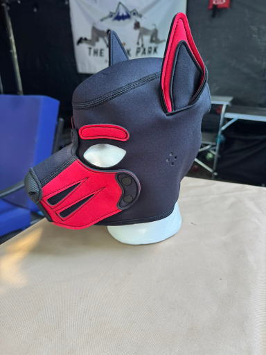 Mr. S Leather custom pup hood (black and red) — 2026 Pup Games prize
